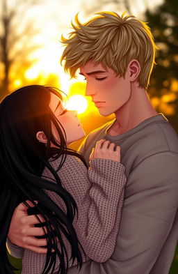A romantic scene depicting a handsome blonde man gently holding a sad dark-haired girl in an intimate embrace