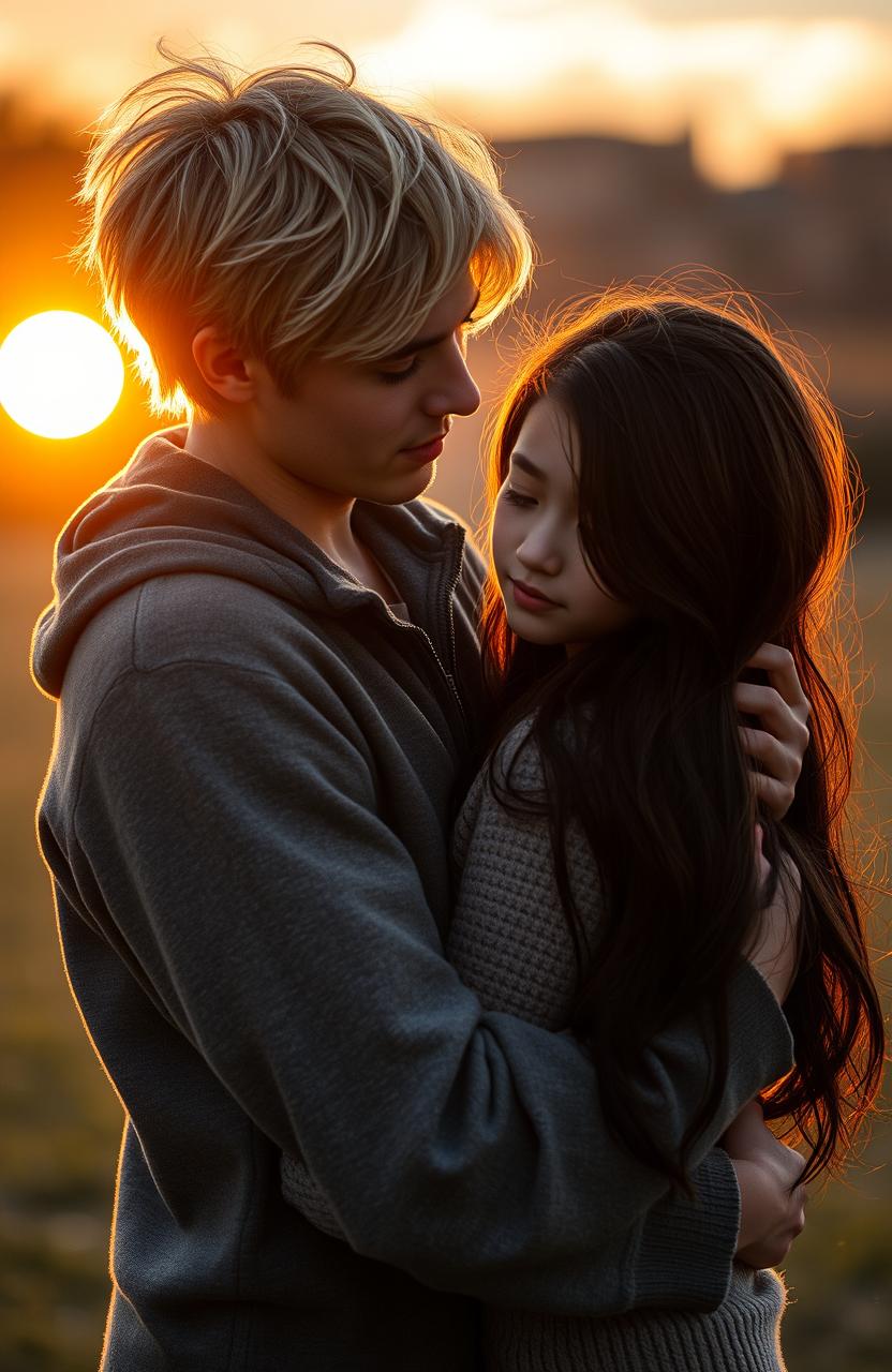 A romantic scene depicting a handsome blonde man gently holding a sad dark-haired girl in an intimate embrace