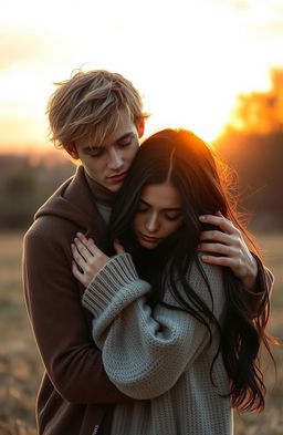 A romantic scene depicting a handsome blonde man gently holding a sad dark-haired girl in an intimate embrace
