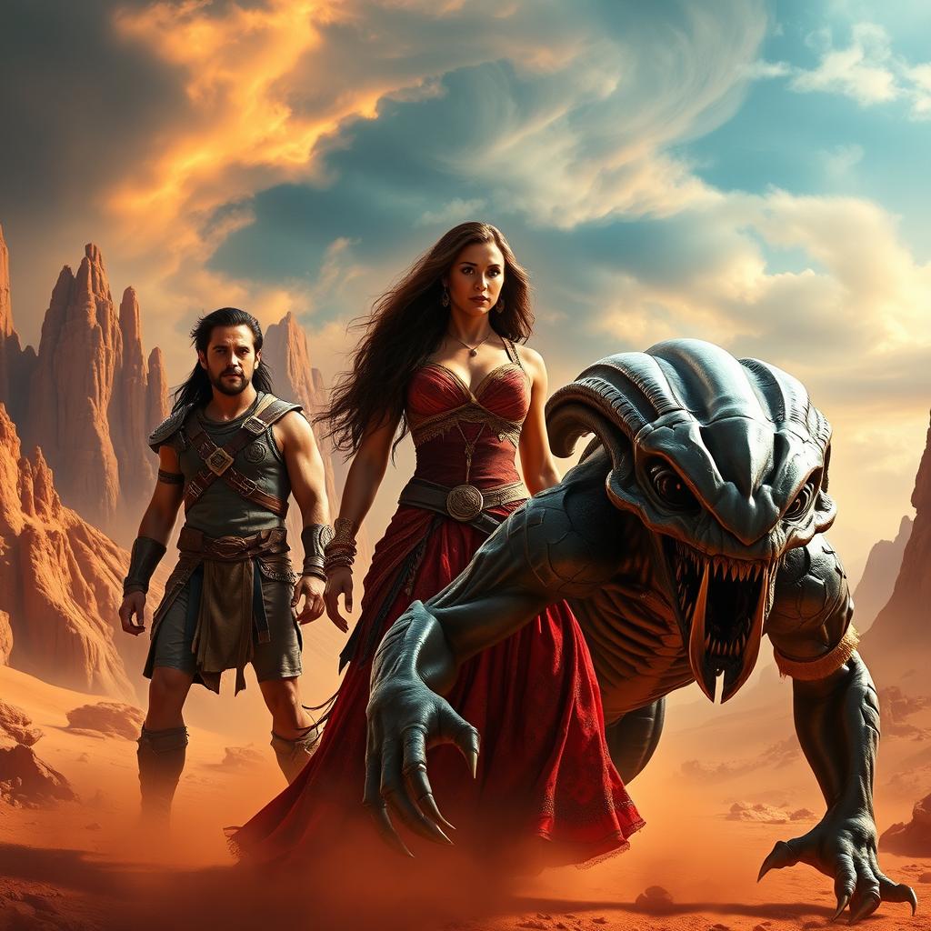 An epic and adventurous scene featuring Taylor Kitsch as John Carter, portrayed with determination, wearing his iconic rugged warrior outfit complete with armor