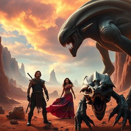 An epic and adventurous scene featuring Taylor Kitsch as John Carter, portrayed with determination, wearing his iconic rugged warrior outfit complete with armor