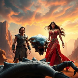 An epic and adventurous scene featuring Taylor Kitsch as John Carter, portrayed with determination, wearing his iconic rugged warrior outfit complete with armor