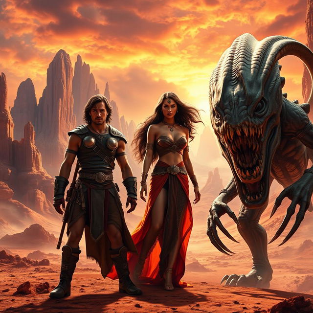 An epic and adventurous scene featuring Taylor Kitsch as John Carter, portrayed with determination, wearing his iconic rugged warrior outfit complete with armor