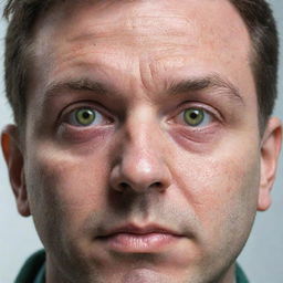 Modify the image to capture the shocking transformation as the man's eyes suddenly morph into creepy, bulging frog eyes post-injection in the city laboratory