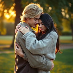 A romantic scene featuring a charming blonde man tenderly holding a melancholic dark-haired girl in a comforting embrace