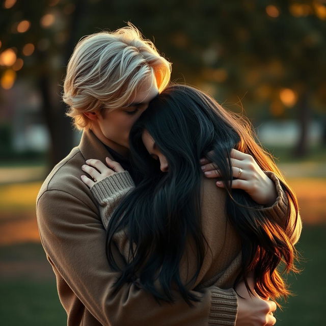 A romantic scene featuring a charming blonde man tenderly holding a melancholic dark-haired girl in a comforting embrace