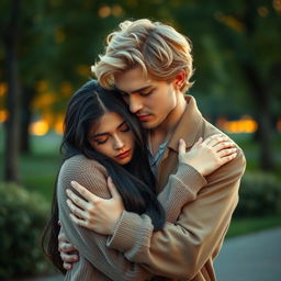 A romantic scene featuring a charming blonde man tenderly holding a melancholic dark-haired girl in a comforting embrace