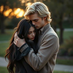A romantic scene featuring a charming blonde man tenderly holding a melancholic dark-haired girl in a comforting embrace