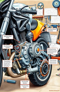 A detailed illustration of various motorcycle mechanics and techniques, featuring a close-up view of a motorcycle engine, gear system, and braking components