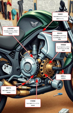 A detailed illustration of various motorcycle mechanics and techniques, featuring a close-up view of a motorcycle engine, gear system, and braking components
