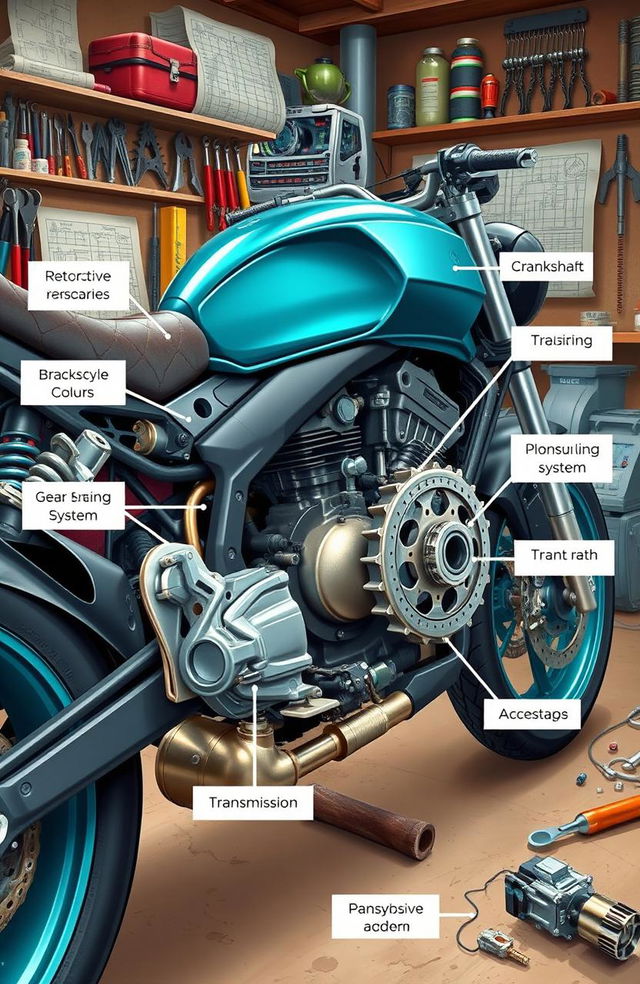 A detailed illustration of various motorcycle mechanics and techniques, featuring a close-up view of a motorcycle engine, gear system, and braking components