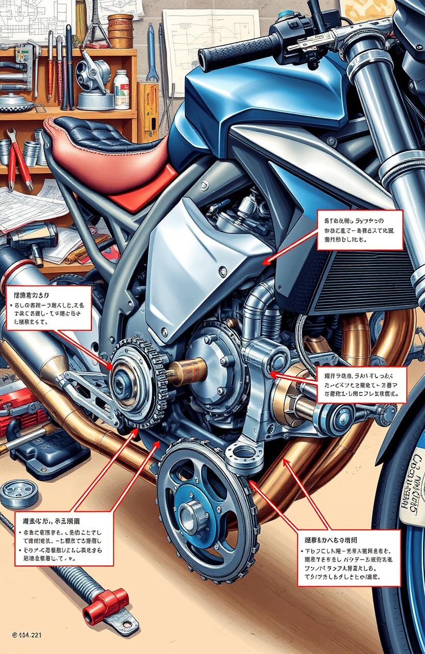 A detailed illustration of various motorcycle mechanics and techniques, featuring a close-up view of a motorcycle engine, gear system, and braking components