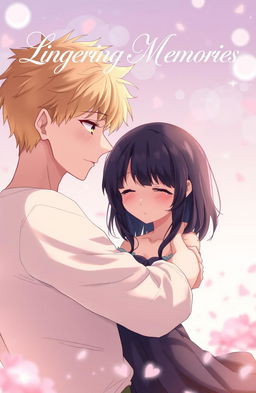 A romantic anime scene featuring a handsome blonde guy gently holding a sad black-haired girl, both depicted in a stylized and expressive anime art style