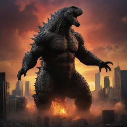 Alter the image to exhibit chaos erupting in the vibrant cityscape as Godzilla emerges, casting a monstrous silhouette against the sunset, instigating widespread pandemonium