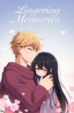 A romantic anime scene featuring a handsome blonde guy gently holding a sad black-haired girl, both depicted in a stylized and expressive anime art style