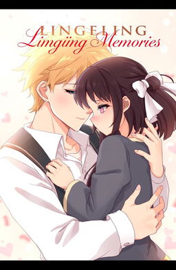 A romantic anime scene featuring a handsome blonde guy gently holding a sad black-haired girl, both depicted in a stylized and expressive anime art style