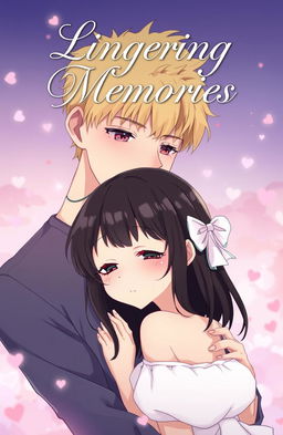 A romantic anime scene featuring a handsome blonde guy gently holding a sad black-haired girl, both depicted in a stylized and expressive anime art style