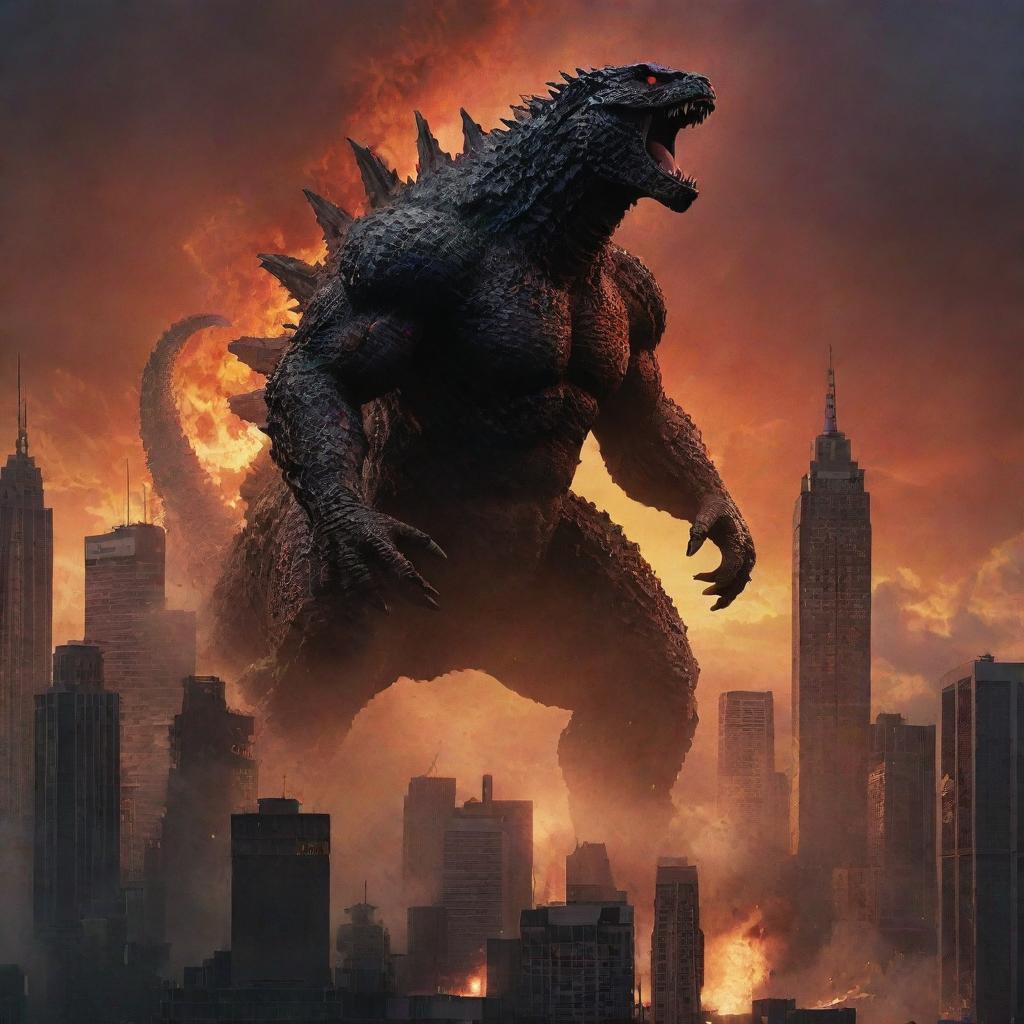 Alter the image to exhibit chaos erupting in the vibrant cityscape as Godzilla emerges, casting a monstrous silhouette against the sunset, instigating widespread pandemonium