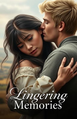 A romantic scene featuring a handsome blonde man holding a sad black-haired woman in an intimate embrace