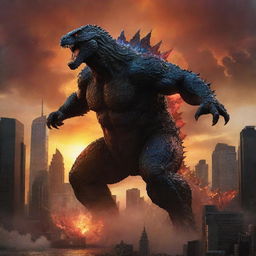 Alter the image to exhibit chaos erupting in the vibrant cityscape as Godzilla emerges, casting a monstrous silhouette against the sunset, instigating widespread pandemonium