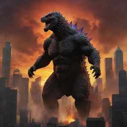 Alter the image to exhibit chaos erupting in the vibrant cityscape as Godzilla emerges, casting a monstrous silhouette against the sunset, instigating widespread pandemonium