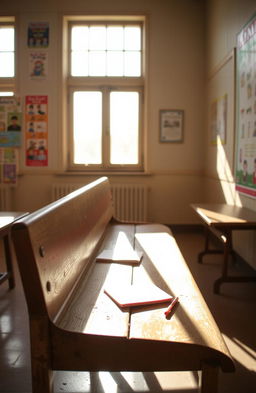 A nostalgic scene of a traditional school bench in a sunny classroom, surrounded by colorful educational posters on the walls, light streaming in through large windows