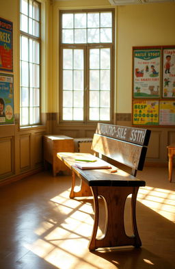 A nostalgic scene of a traditional school bench in a sunny classroom, surrounded by colorful educational posters on the walls, light streaming in through large windows