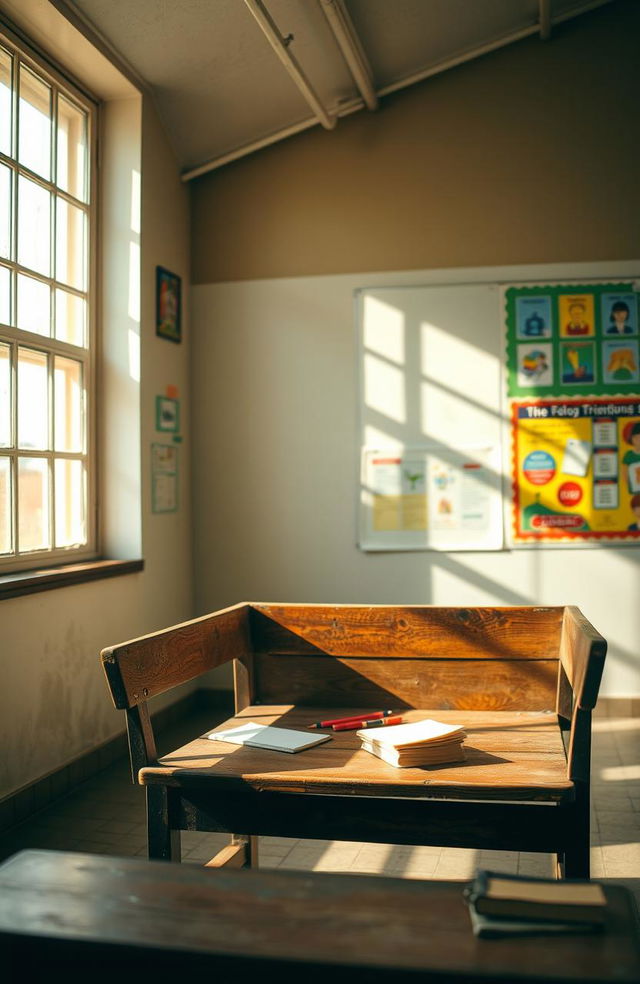 A nostalgic scene of a traditional school bench in a sunny classroom, surrounded by colorful educational posters on the walls, light streaming in through large windows