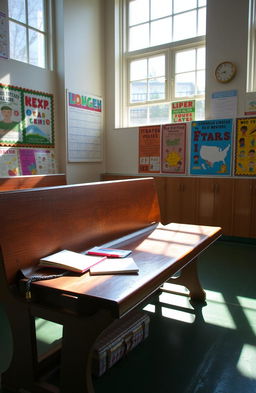 A nostalgic scene of a traditional school bench in a sunny classroom, surrounded by colorful educational posters on the walls, light streaming in through large windows