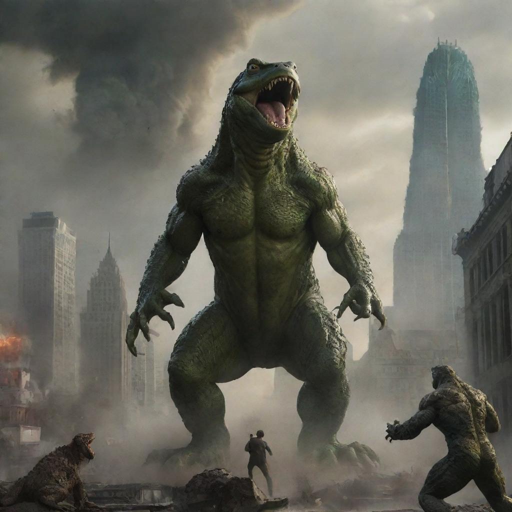 Adapt the image to depict the epic scene where the man with frog-like eyes courageously stands up against Godzilla, launching a powerful punch towards the beast in the chaotic city