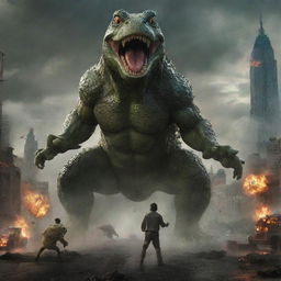 Adapt the image to depict the epic scene where the man with frog-like eyes courageously stands up against Godzilla, launching a powerful punch towards the beast in the chaotic city