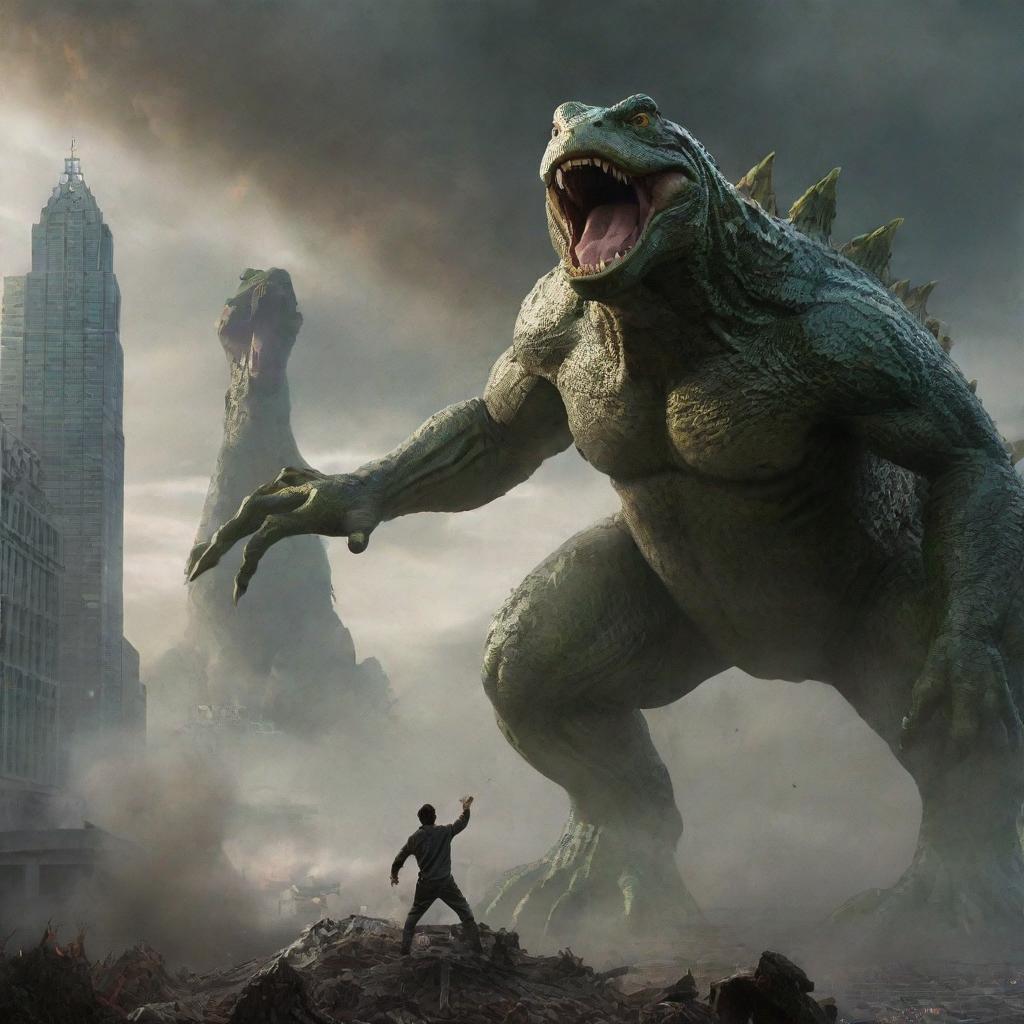 Adapt the image to depict the epic scene where the man with frog-like eyes courageously stands up against Godzilla, launching a powerful punch towards the beast in the chaotic city