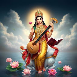 A stunning depiction of Goddess Saraswati, the Hindu goddess of knowledge, music, and art, gracefully posed with a veena in one hand and an open book in the other