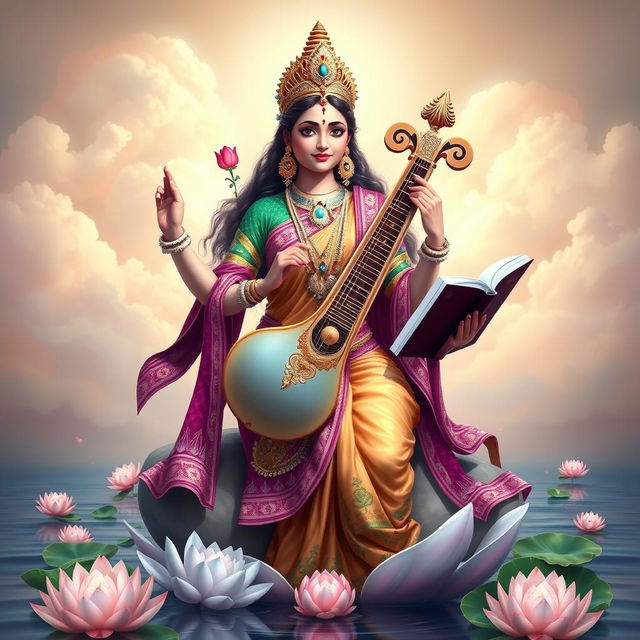 A stunning depiction of Goddess Saraswati, the Hindu goddess of knowledge, music, and art, gracefully posed with a veena in one hand and an open book in the other