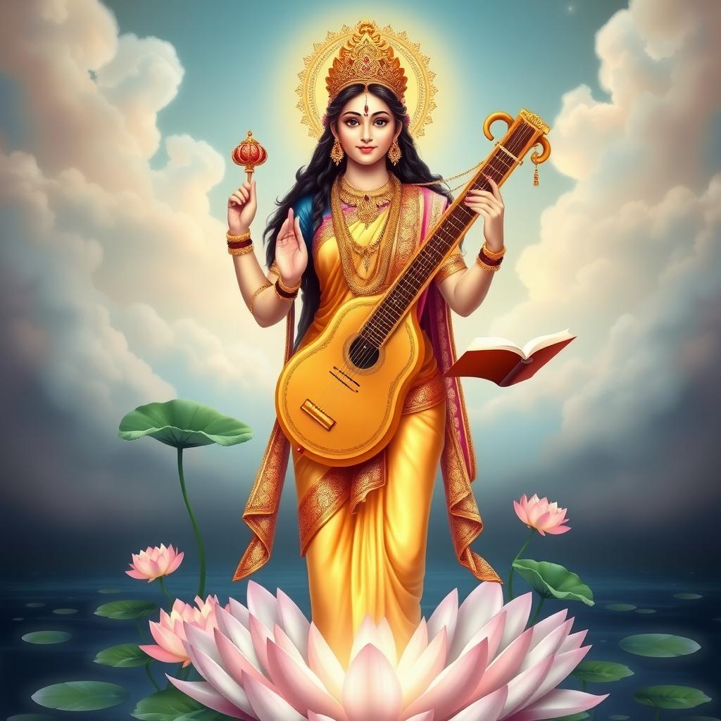 A stunning depiction of Goddess Saraswati, the Hindu goddess of knowledge, music, and art, gracefully posed with a veena in one hand and an open book in the other