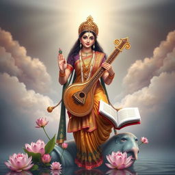 A stunning depiction of Goddess Saraswati, the Hindu goddess of knowledge, music, and art, gracefully posed with a veena in one hand and an open book in the other