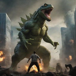 Adapt the image to depict the epic scene where the man with frog-like eyes courageously stands up against Godzilla, launching a powerful punch towards the beast in the chaotic city