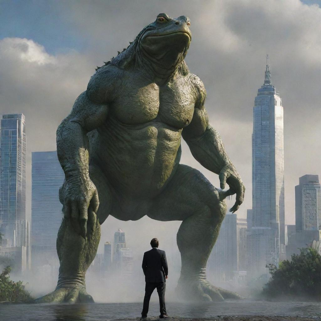 Transform the image to show the man summoning a gigantic frog, as tall as the skyscrapers, ready to engage in a colossal face-off with Godzilla in the turmoil-ridden city