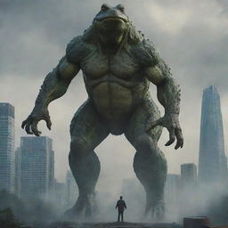 Transform the image to show the man summoning a gigantic frog, as tall as the skyscrapers, ready to engage in a colossal face-off with Godzilla in the turmoil-ridden city