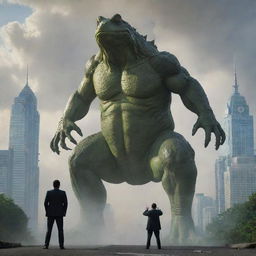 Transform the image to show the man summoning a gigantic frog, as tall as the skyscrapers, ready to engage in a colossal face-off with Godzilla in the turmoil-ridden city