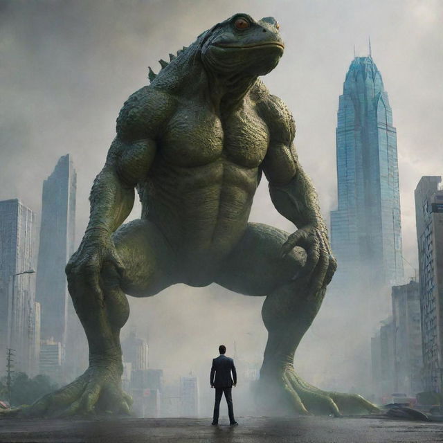 Transform the image to show the man summoning a gigantic frog, as tall as the skyscrapers, ready to engage in a colossal face-off with Godzilla in the turmoil-ridden city