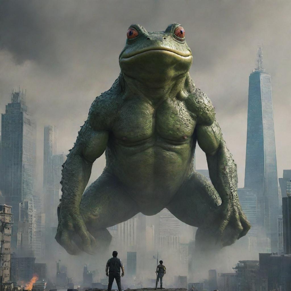 A man with frog-like eyes summoning a gigantic frog, towering as high as the city's skyscrapers, prepared to battle Godzilla amid the chaos-ridden cityscape