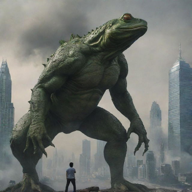 A man with frog-like eyes summoning a gigantic frog, towering as high as the city's skyscrapers, prepared to battle Godzilla amid the chaos-ridden cityscape