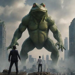 A man with frog-like eyes summoning a gigantic frog, towering as high as the city's skyscrapers, prepared to battle Godzilla amid the chaos-ridden cityscape