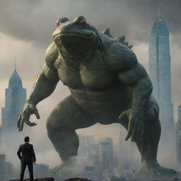 A man with frog-like eyes summoning a gigantic frog, towering as high as the city's skyscrapers, prepared to battle Godzilla amid the chaos-ridden cityscape