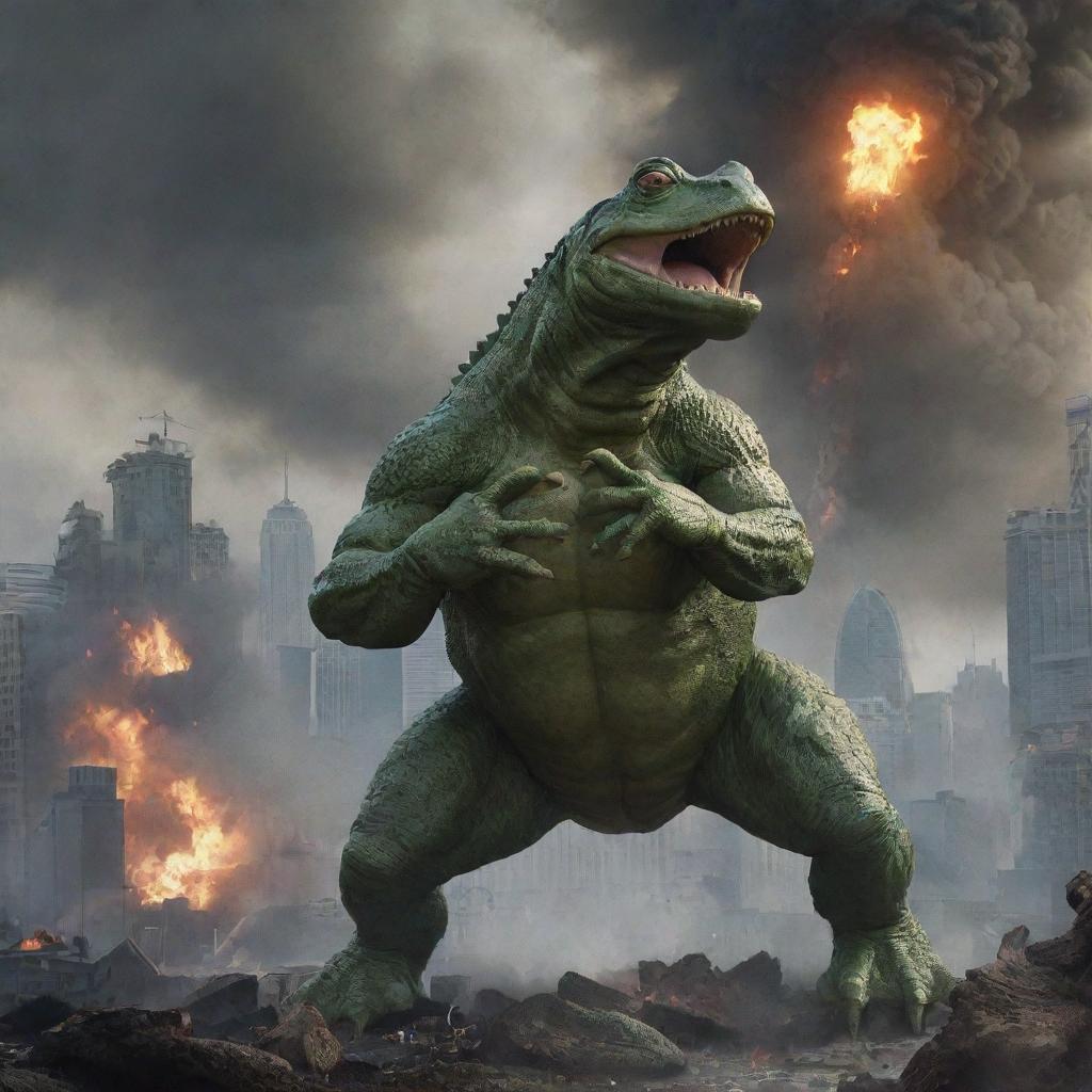 Revitalize the scene to feature a high-stakes battle, the gigantic frog squaring off against Godzilla, amidst the chaos and destruction of the cityscape