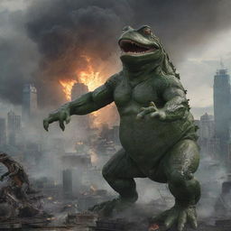 Revitalize the scene to feature a high-stakes battle, the gigantic frog squaring off against Godzilla, amidst the chaos and destruction of the cityscape