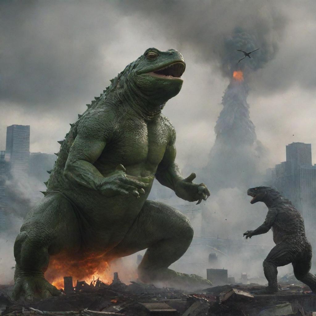 Revitalize the scene to feature a high-stakes battle, the gigantic frog squaring off against Godzilla, amidst the chaos and destruction of the cityscape