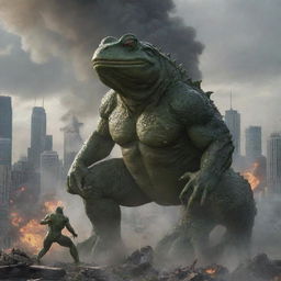 Revitalize the scene to feature a high-stakes battle, the gigantic frog squaring off against Godzilla, amidst the chaos and destruction of the cityscape