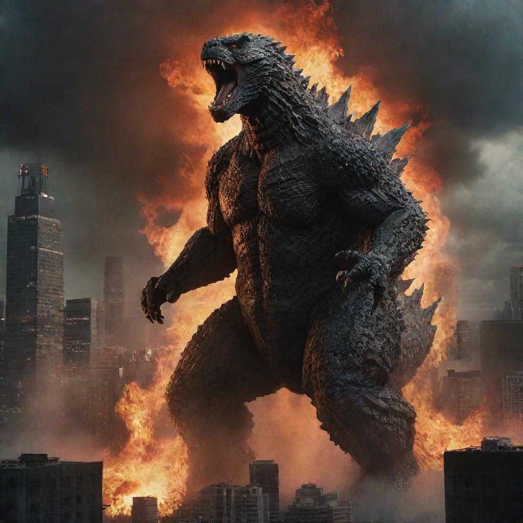 Amplify the sizzling intensity of the scene by portraying Godzilla unleashing a devastating atomic breath, streaking the sky with blinding energy, set against the backdrop of the detonating cityscape